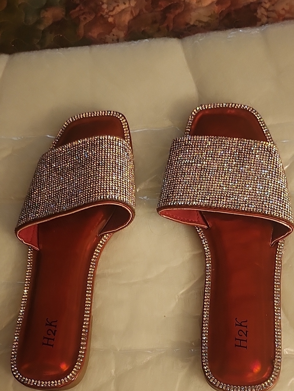 H2K Rose Gold Crystal Slide Sandals - Women
